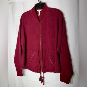 Matilda Jane Red Bomber Jacket Gold Zip Cinch Waist Small